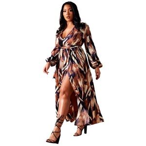 REBDOLLS-Whirlwind Abstract Print Deep Plunge Maxi Dress, multicolor size 1x